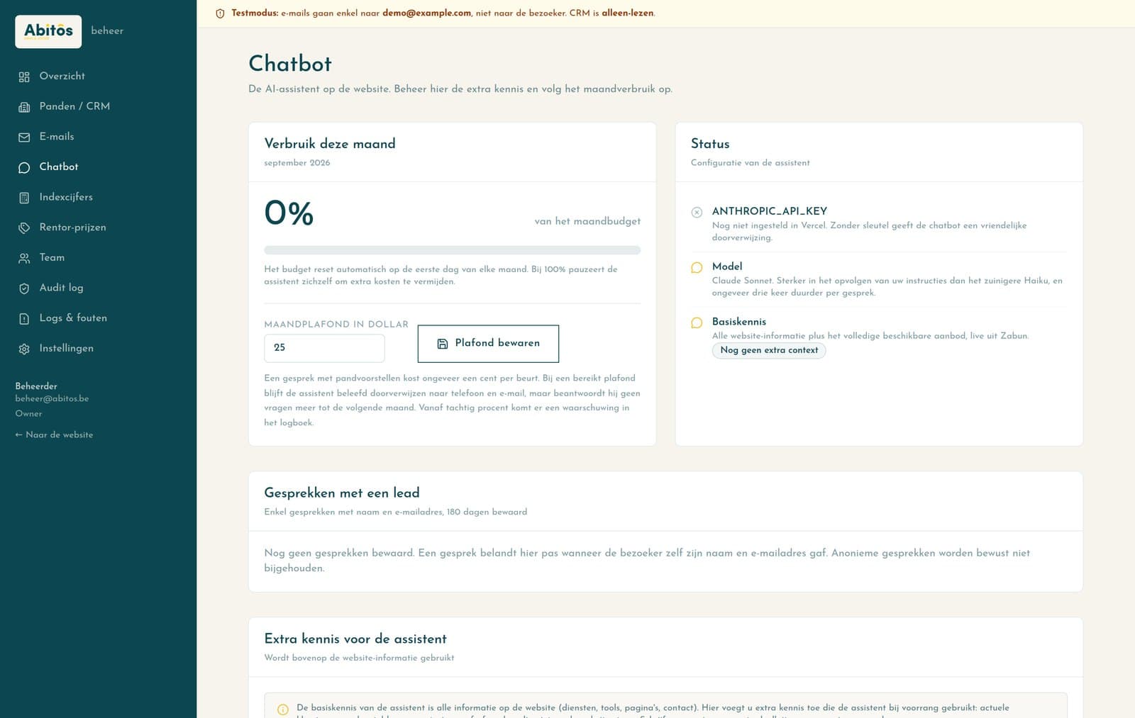 De instellingen van de chatassistent, met het verbruik van het maandbudget