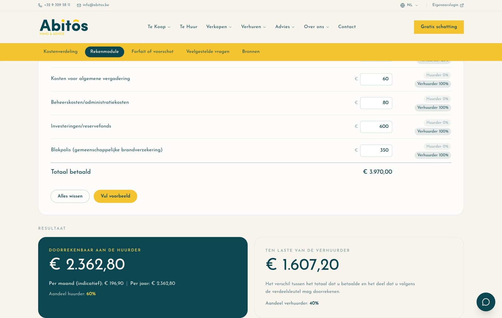 De rekentool voor kosten en lasten, met de verdeling per post
